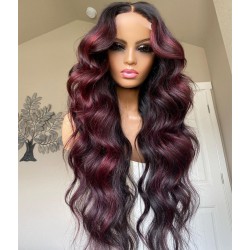 Stock 5*5 HD lace closure burgundy loose wave middle parting wig--HD114