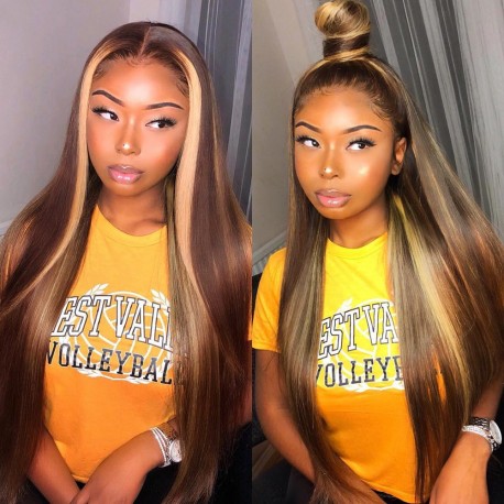 Stock Brazilian virgin highlights color 13*4 HD lace front 150% density wig--BH242