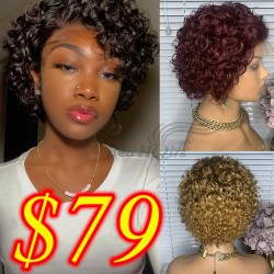 100% human hair lace frontal pixie cut curly bob wig--MM460