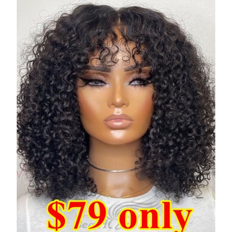 100% human hair bang curly machine made wig--MM456