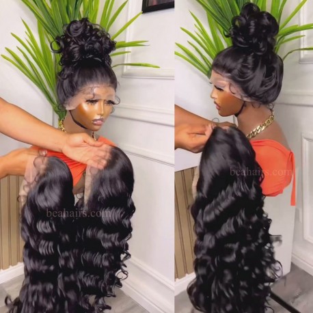 Pre plucked Brazilian virgin human hair loose deep wave 360 frontal lace full wig-[HY345]