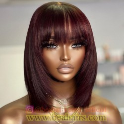 Brazilian virgin 5*5 HD lace closure burgundy color bang bob wig--HD138