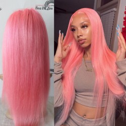 Brazilian virgin pink color silk straight lace front wig