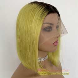 Brazilian virgin human hair 10inch fluorescent green blunt cut bob T part wig--TP004