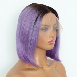 Brazilian virgin human hair 10inch purple color blunt cut bob T part wig--TP005