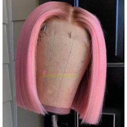 Brazilian virgin human hair 10inch pink color blunt cut bob T part wig--TP003
