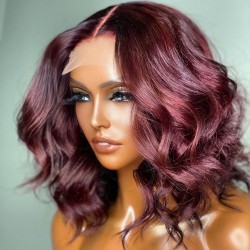 Stock burgundy color middle parting messy wave bob 5*5 HD lace closure wig--HD614