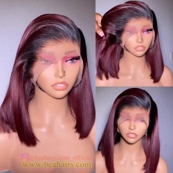 Ombre burgundy color side parting bob Skin Melt HD Lace Ready to Wear 13*6 Lace Wig--BH475