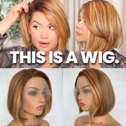 Brazilian virgin human hair highlights blonde color side parting blunt cut bob T part wig--TP23