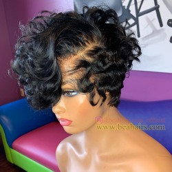 Brazilian virgin hand tied full lace pixie cut curly short bob wig---BH457