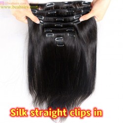 Clips in brazilian virgin silk straight wefts