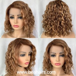 Brazilian virgin human hair highlights blonde color nice curly bob T part wig--TP24