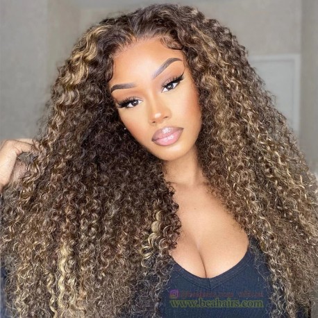 Deep curly blonde highlights color Skin Melt HD Lace Ready to Wear 13*6 HD Lace Wig--BH858