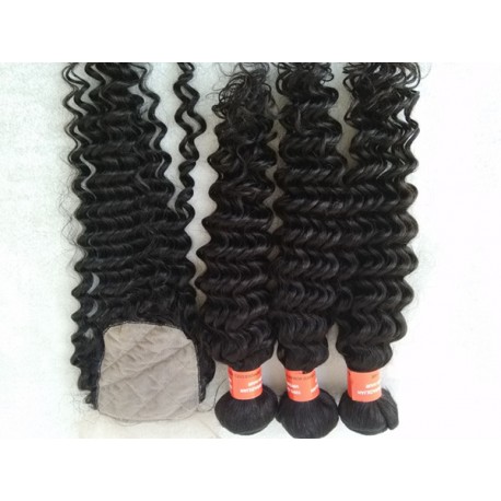 3 bundles Brazilian virgin deep wave with a silk base closure