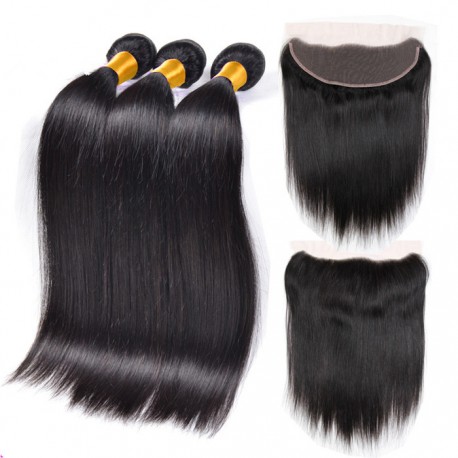 silk straight 3 brazilian virgin bundles with a brazilian virgin frontal-100% human hair,unprocessed